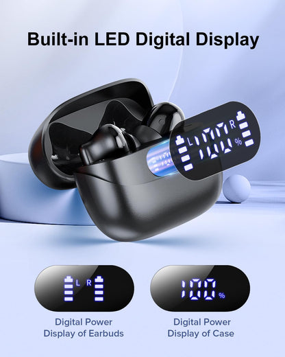 TUMJUN Wireless Earbuds, 42H Playtime Bluetooth 5.3 Headphones, HiFi Stereo Call Noise Cancelling Earbuds, IPX7 Waterproof Stereo in-Ear Earphones with LED Display for iOS Android Cell Phone (Black)