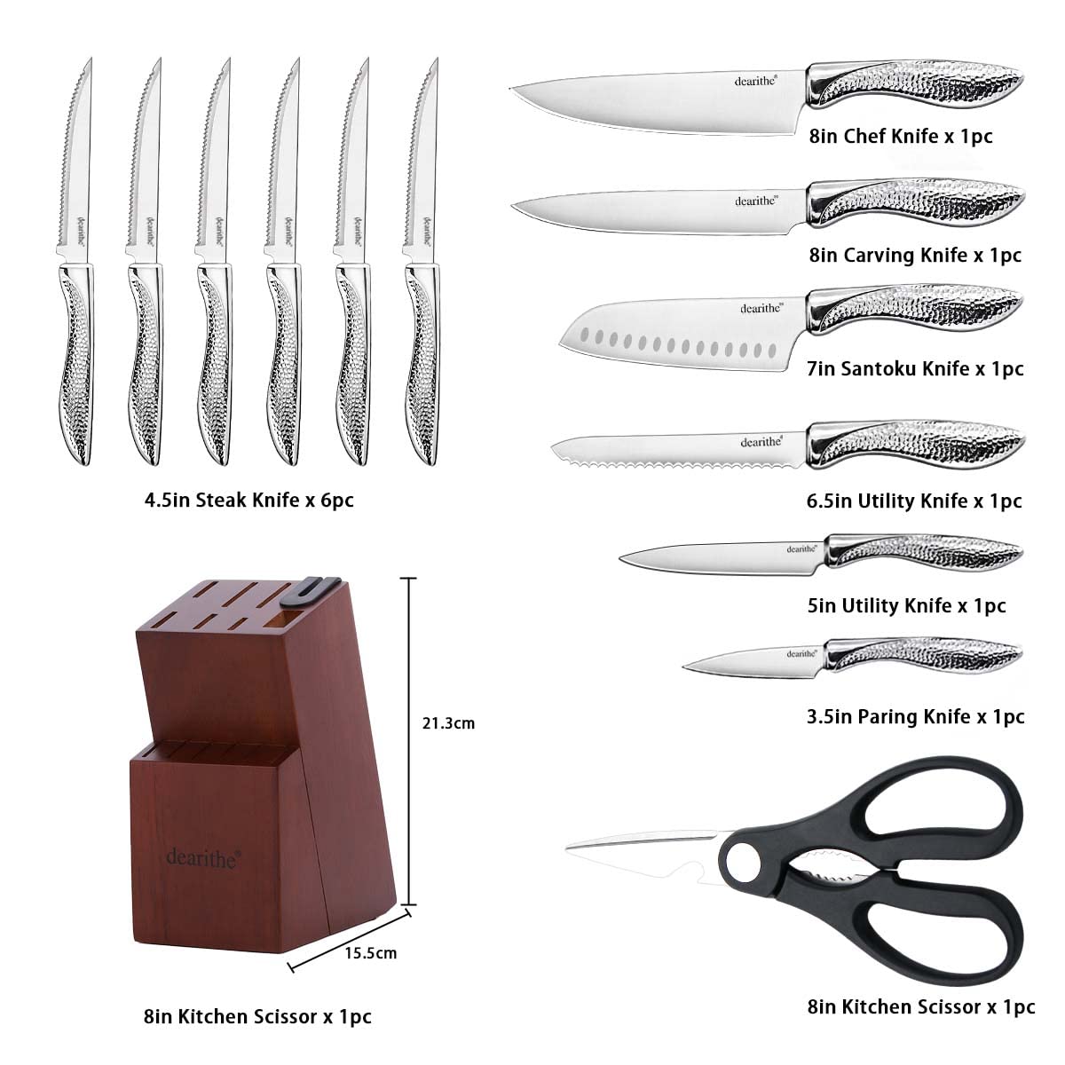 Kitchen Knife Set, dearithe 14 Piece High Carbon Stainless Steel Knife Block Set with Built-in Sharpener, Professional Chef Knife Set, Knife Sets for Kitchen with Block