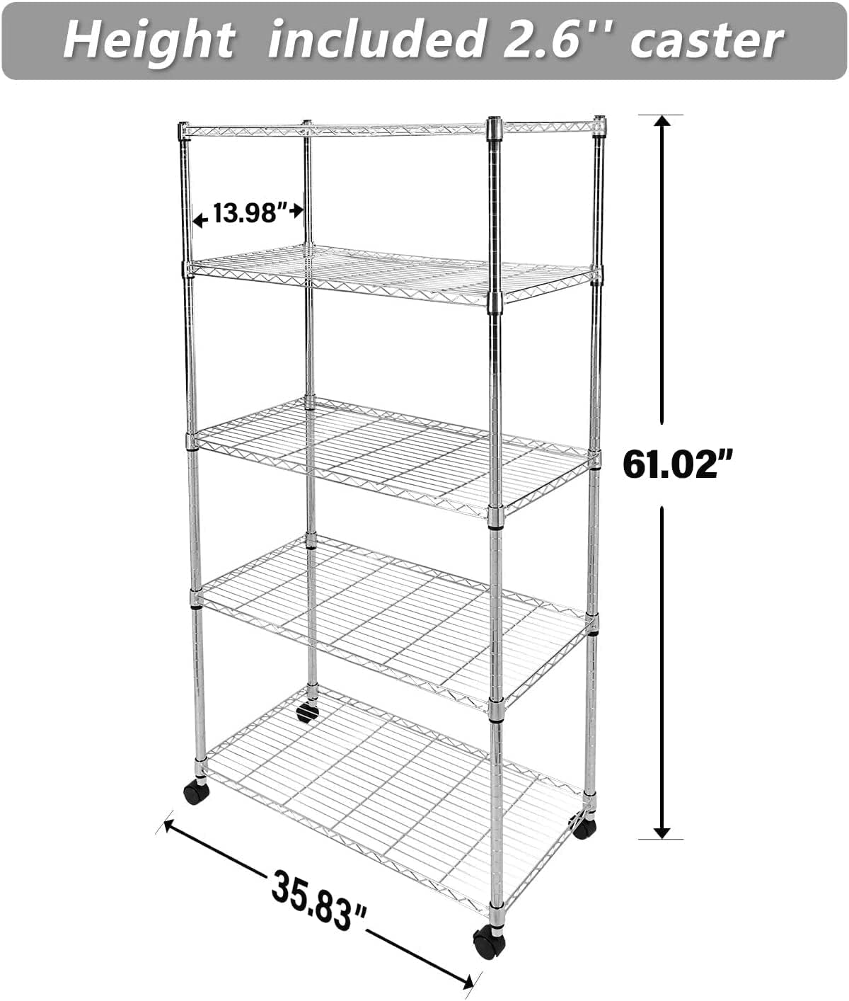 iPower Simple Deluxe Heavy Duty 5-Tier Shelving Unit, 13.98''D x 35.83''W x 61.02''H Storage Shelving with 1250 lbs Capacity, Chrome, 2 Pack