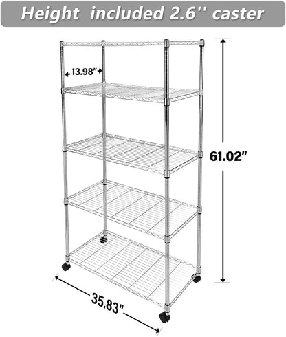 iPower Simple Deluxe Heavy Duty 5-Tier Shelving Unit, 13.98''D x 35.83''W x 61.02''H Storage Shelving with 1250 lbs Capacity, Chrome, 2 Pack