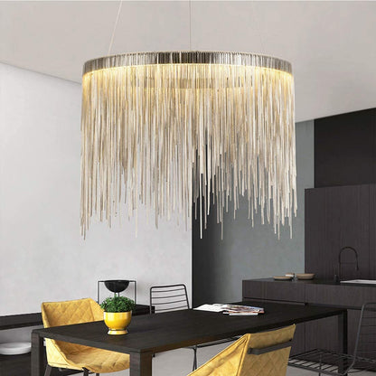 Siljoy Modern Round Aluminum Tassel Chandelier, LED Linear Chrome Chain Pendant Light Stainless Steel Ring Suspension Lighting Fixture for Dining Room Kitchen Island Dia 20" x H14