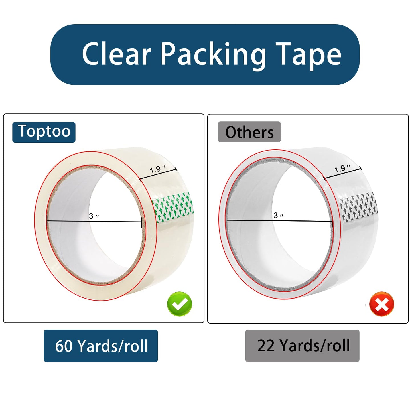 Toptoo Heavy Duty Packing Tape with Dispenser for Shipping, Moving, Storing and Packing, 6 Rolls, 1.88" x 60 Yards, Waterproof & Strong Seal On All Boxes