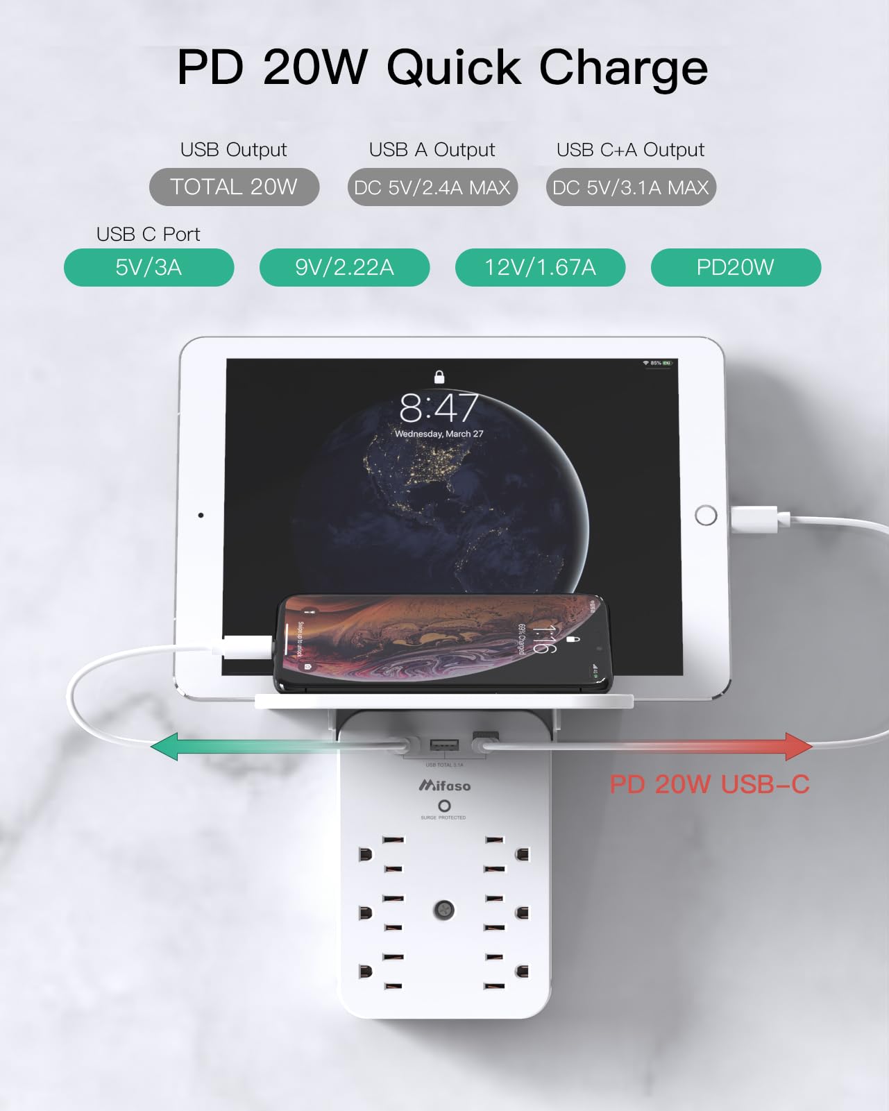 Wall Outlet Extender with USB-C and Surge Protection