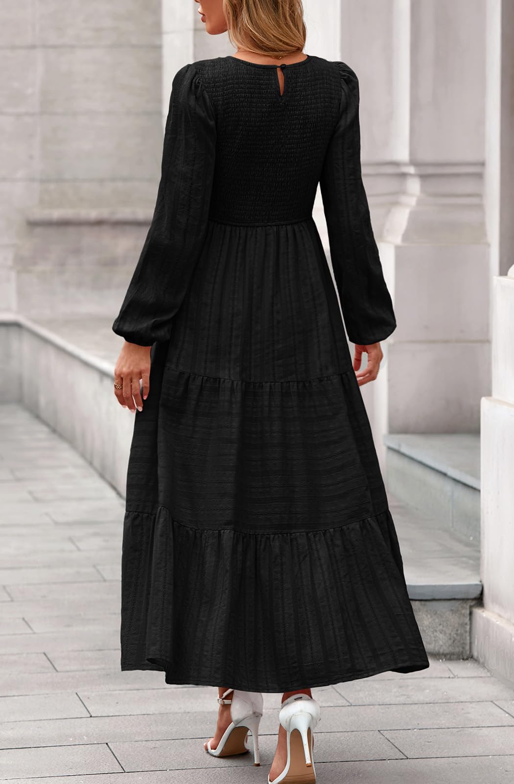PRETTYGARDEN Womens Elegant Puff Long Sleeve A-line Maxi Dresses Casual Crew Neck Smocked Soft Maternity Dress Winter Outfits (Black, XX-Large)
