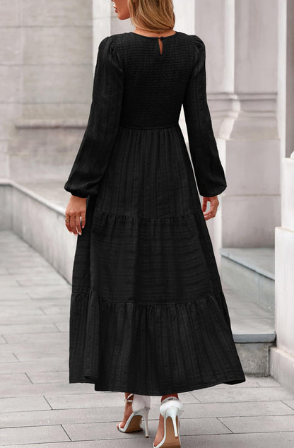 PRETTYGARDEN Womens Elegant Puff Long Sleeve A-line Maxi Dresses Casual Crew Neck Smocked Soft Maternity Dress Winter Outfits (Black, XX-Large)