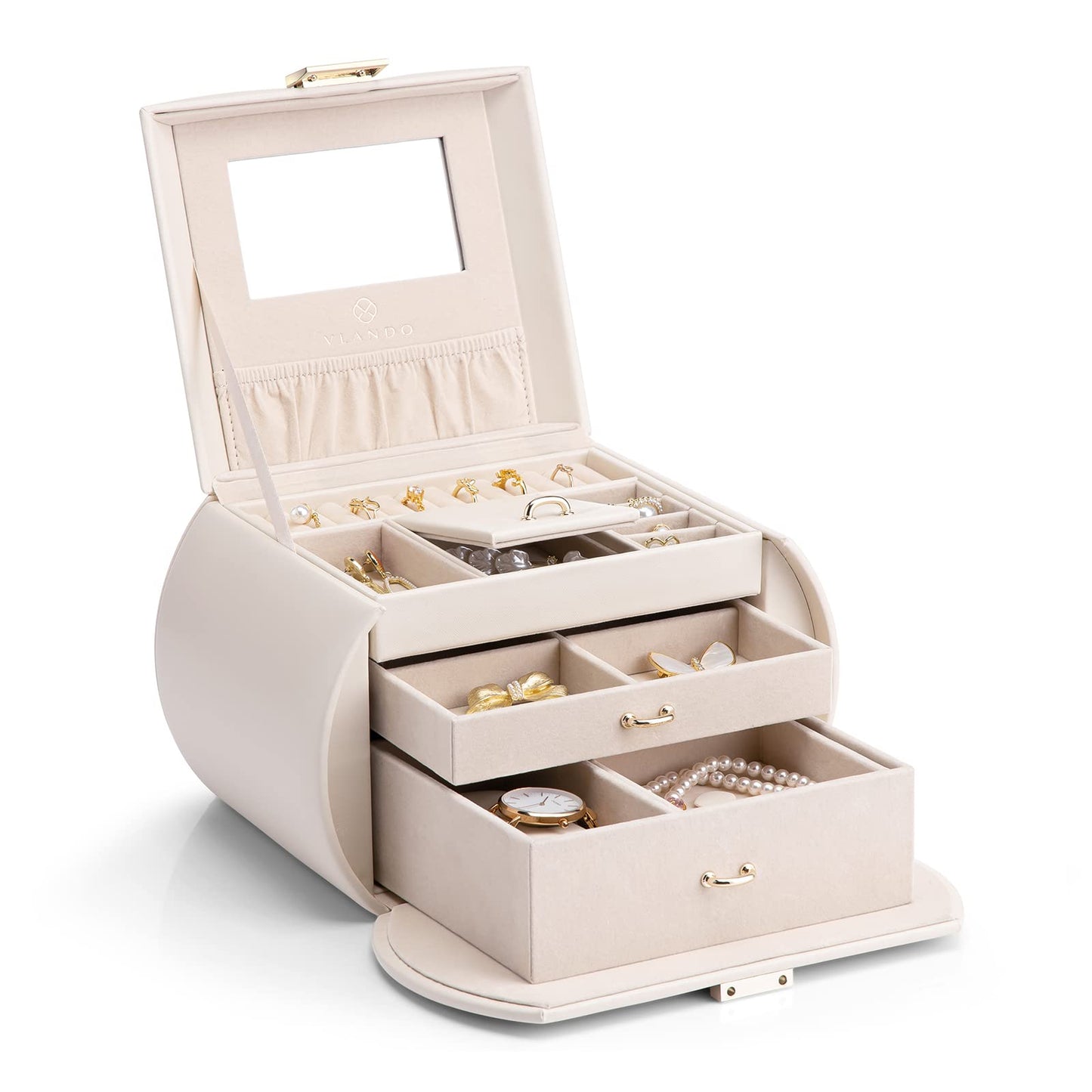 Vlando Jewelry Box Organizer, Leather Mirrored Jewelry Case in Princess Style, Necklaces Earrings Rings Watch Storage Holder, Beige