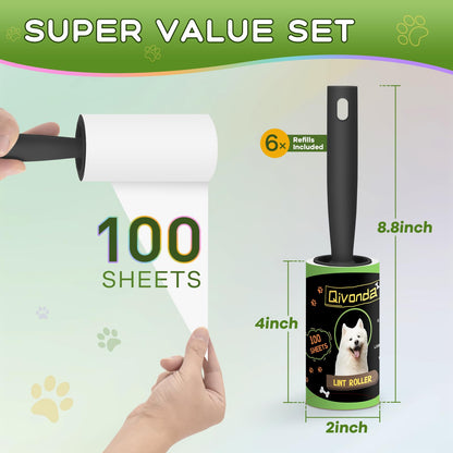 Qivonda Lint Rollers for Pet Hair Extra Sticky, Lint Rollers 600 Sheets Mega Value Set, Pet Hair Remover with 3 Upgraded Handles, Portable Lint Remover for Clothes, Furniture & Pet Hair (6 Pack)