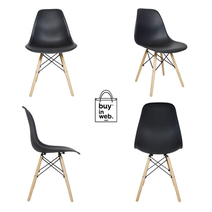 BUY IN WEB Modern Dining Chair Set of 4, DSW Plastic Shell Chair with Wooden Legs, Chairs for Dining Table, Kitchen, Bedroom, Side Chairs for Living Room - Black