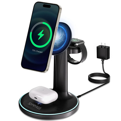 3 in 1 Magnetic Wireless Charger,3-in-1 Charging Station,Charging Stand,for Apple iPhone 12-16 Series,Apple Watch,AirPods,for Home/Office(18W Adapter Included)(Black)