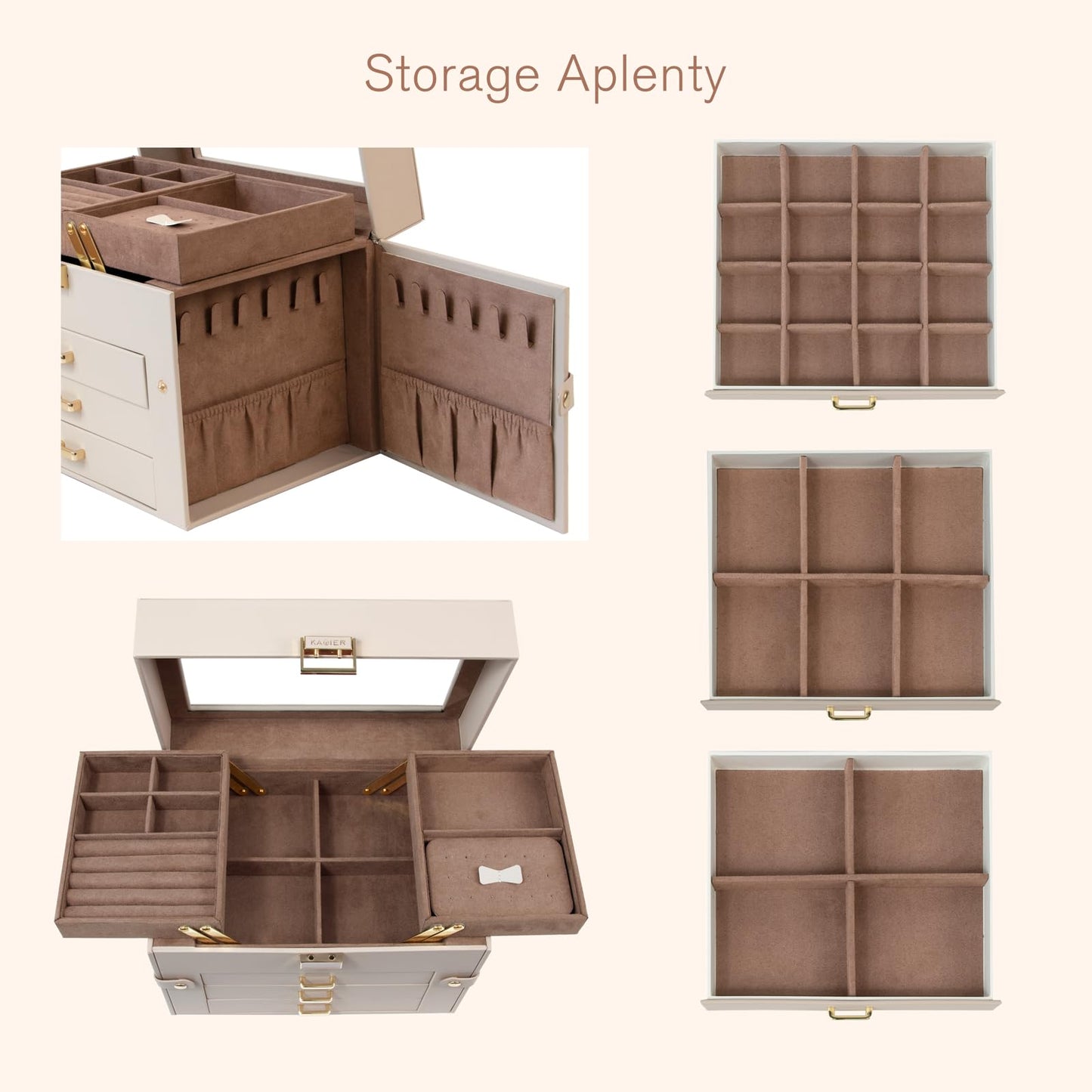 KAMIER Jewelry Organizer Box,5-Layer Jewelry Box for Women with Glass Lid,Jewelry Storage Box for Earrings Bracelets Rings Necklaces.Beige