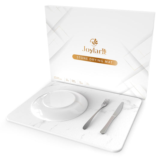 Joylark Stone Dish Drying Mat for Kitchen Counter - Ultra Absorbent Diatomaceous Earth Stone Mat, Quick Drying, Non-Slip, Heat Resistant, Eco-Friendly Dish Drying Stone(15.6x11.7 inch, White Marble)