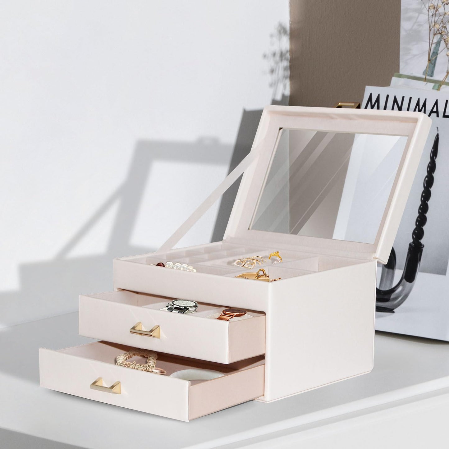 BALEINE Jewelry Box with Glass Lid, PU Jewelry Holder Organizer for Big Small Jewelry, Jewelry Storage Case (White)