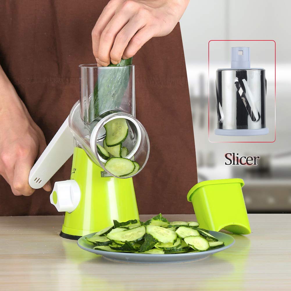 Cambom Rotary Cheese Grater Hand Crank Cheese Shredder for Fresh Cheese, Vegetable, Nuts,Non-slip Suction Base, Free Cleaning Brush Three Blades, Green