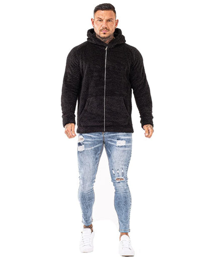 GINGTTO Mens Faux Fur Zipper Sherpa Jacket Black Berber Zip Up Sherpa Coat for Men L