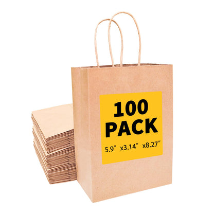 Brown Kraft Paper Gift Bags with Handles - 100 Pcs