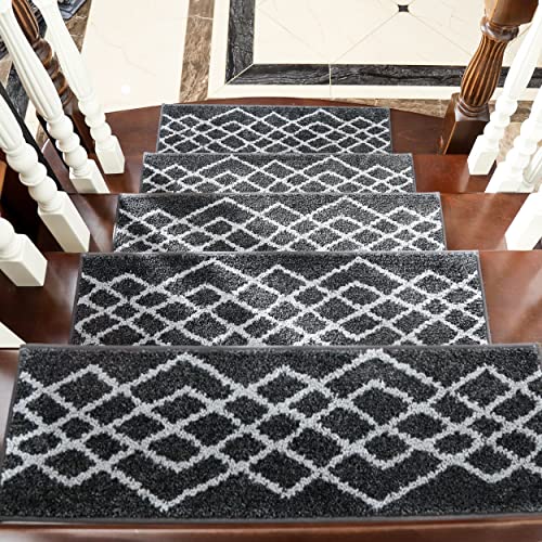 COSY HOMEER Soft Stair Treads Non-Slip Carpet Mat 28inX9in Indoor Stair Runners for Wooden Steps,Stair Rugs for Kids and Dogs, 100% Polyester TPE Backing 10pcs,Black,Rhombus