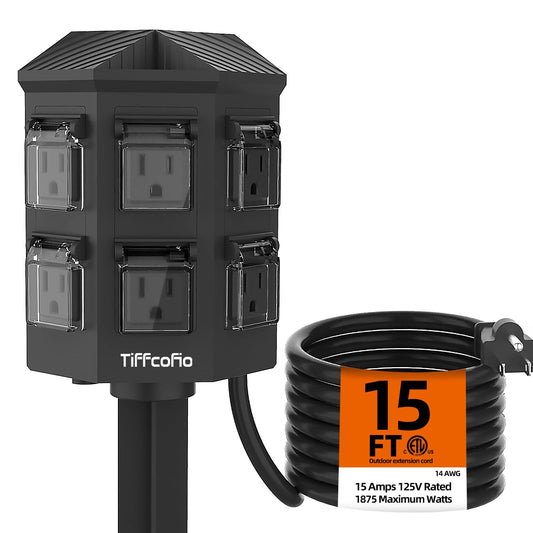 15 FT Weatherproof Outdoor Power Strip with 6 Outlets