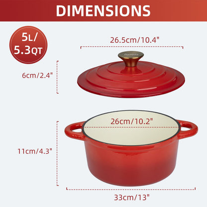 Parmedu Cast Iron Dutch Oven with Lid: 5.5 QT Enameled Cast Iron Dutch Oven, Sturdy Cookware for All Cooktops, Braising, Stews, Roasting, Bread Baking, Red