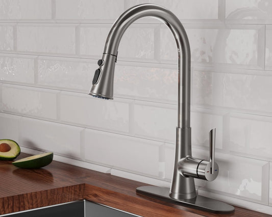 ARRISEA Pull Down ktichen Faucet, Stainless Steel, RV Faucets, Kitchen Sink Faucet with 10'' Deck Plate,Brushed Nickel Single Handle Laundry Sink Faucet with Three Modes Sprayer, Farmhouse Tap