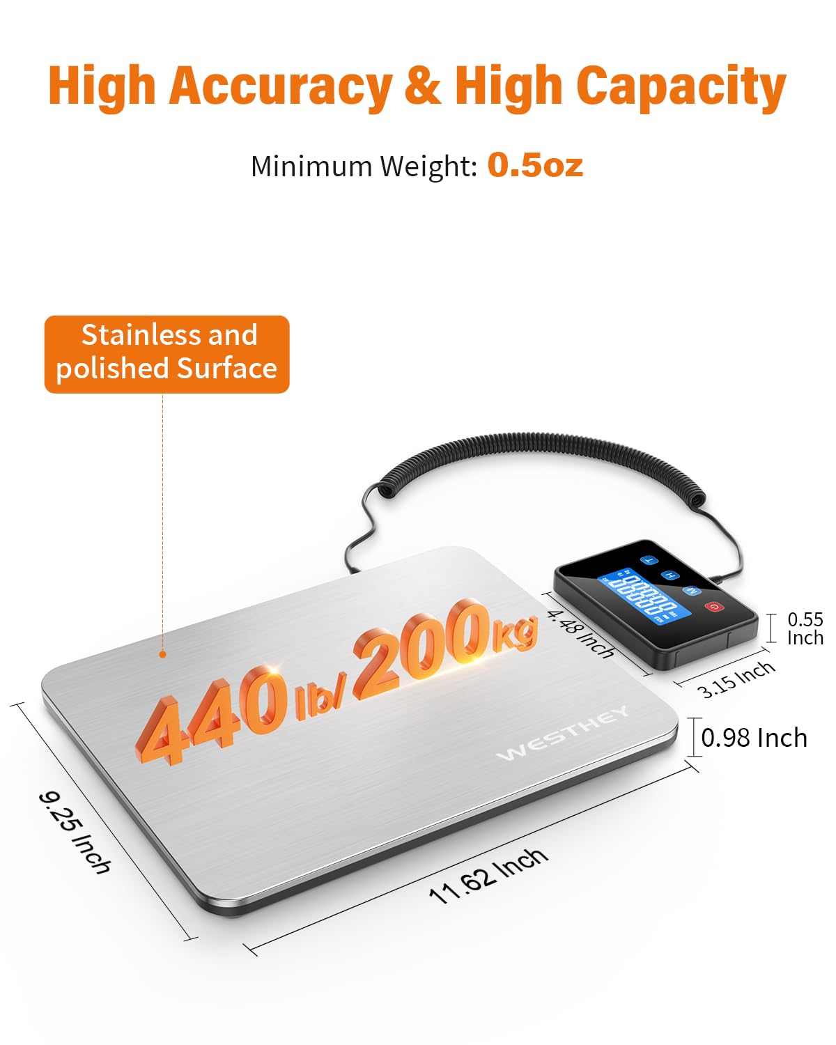 WESTHEY Shipping Scale 0.5oz-440lb High Accuracy Postal Scale, Digital Scale Weight Scale Luggage Scale for Packages Warehouse Home Small Business Pet Food Mail, Large Display Stainless Steel Panel