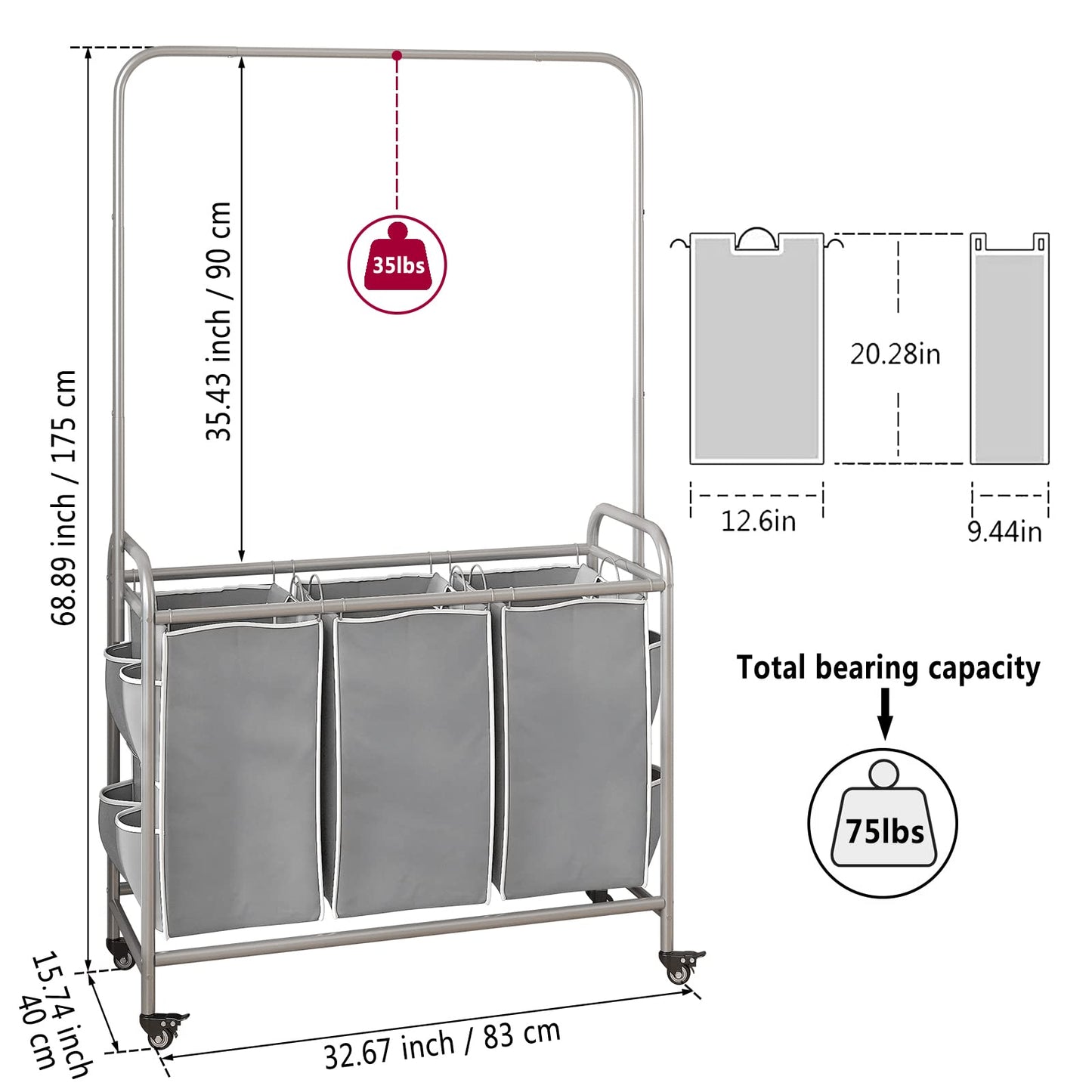 Laundry Sorter 3 Bag Laundry Hamper Cart with Clothes Hanging Bar Rolling Lockable Wheels and Removable Bags for Laundry Room Bathroom Bedroom Clothes Storage, Grey