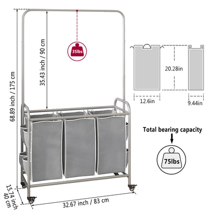 Laundry Sorter 3 Bag Laundry Hamper Cart with Clothes Hanging Bar Rolling Lockable Wheels and Removable Bags for Laundry Room Bathroom Bedroom Clothes Storage, Grey