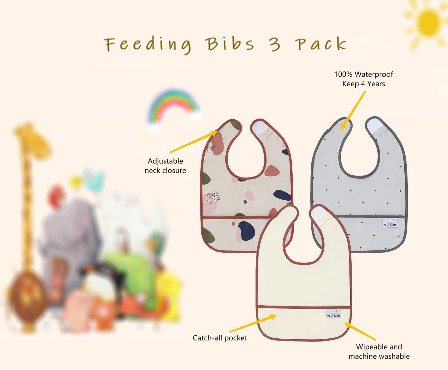 3 Pack Baby Feeding Bibs Waterproof Washable