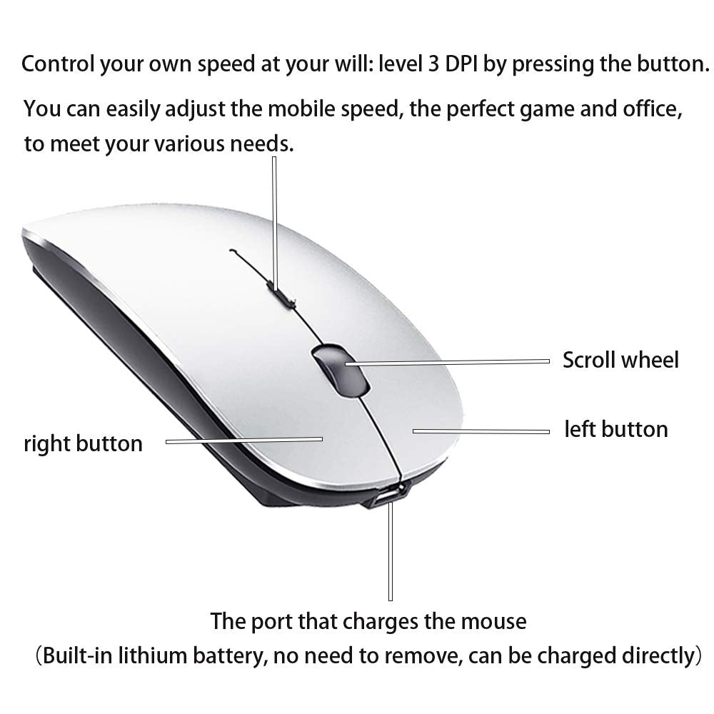 Artusi Wireless Mouse for Laptop Mac iMac MacBook Pro MacBook Air Computer PC Chromebook Windows Rechargeable Wireless Mouse with USB C Adapter (Gray Black 2.4G Wireless Mouse (No Bluetooth))