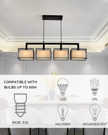 7PMBEANE Modern Rectangular Chandelier Hanging Light Fixture 4 Lights with Fabric Lampshade Adjustable for Dining Living Room Restaurant (Black)