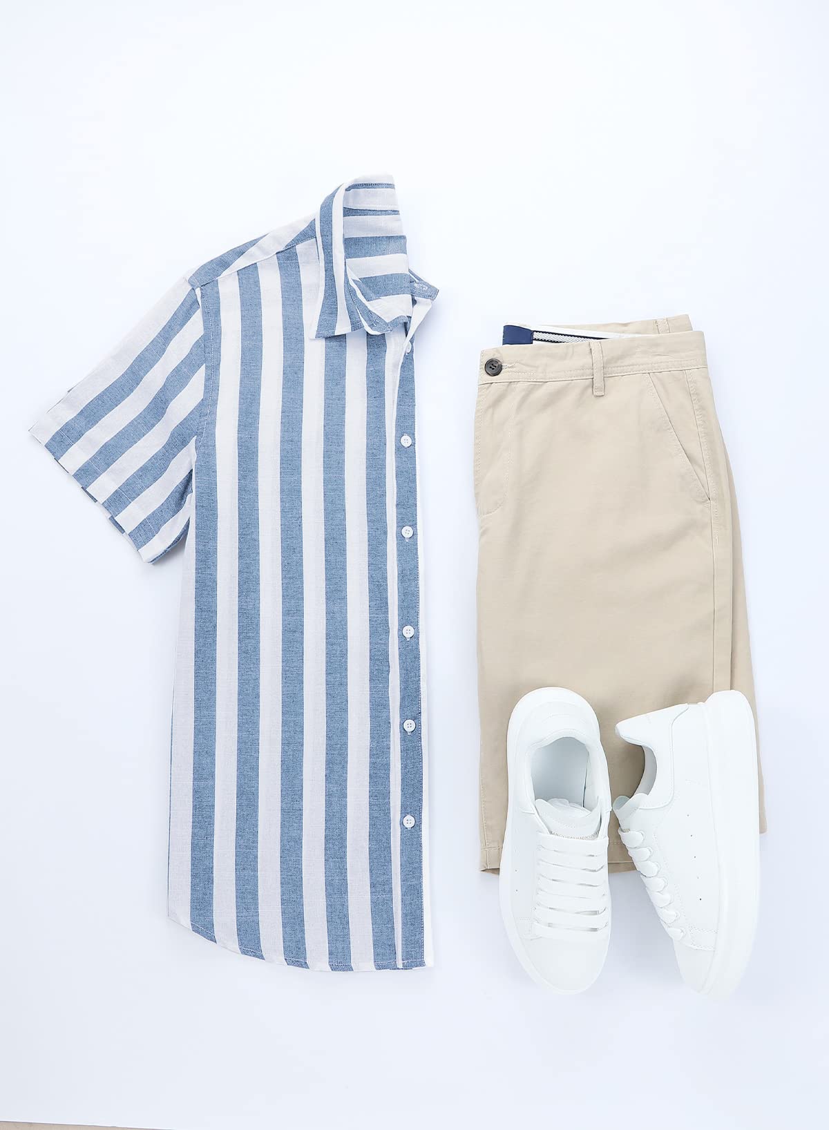 JMIERR Men's Summer Casual Stylish Short Sleeve Button-Down Shirts Cotton Linen Vertical Striped Dress Shirts Beach Hawaiian Shirt Cruise Wear Men, S, Sky Blue