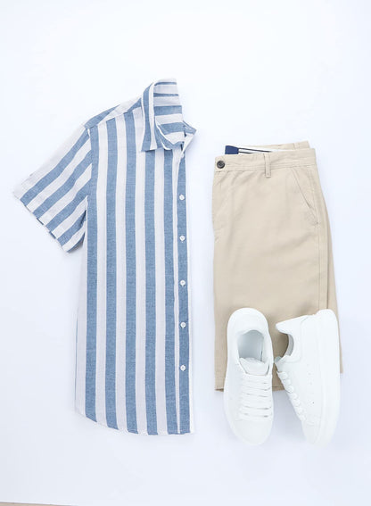JMIERR Men's Summer Casual Stylish Short Sleeve Button-Down Shirts Cotton Linen Vertical Striped Dress Shirts Beach Hawaiian Shirt Cruise Wear Men, S, Sky Blue