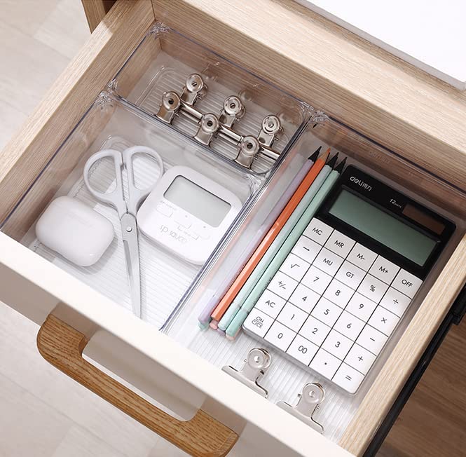 13 Pack Clear Drawer Organizer Set with Non-Slip Pads, 5-size Plastic Drawer Trays, Desk Drawer Dividers, Storage Bins for Makeup, jewelry, Utensils in Bedroom Dresser, Gadgets, Office, and Kitchen