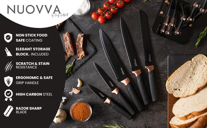 nuovva Kitchen Knife Block Set Copper 5 Piece Set with Knives Clear Acrylic Block Stainless Steel Blades