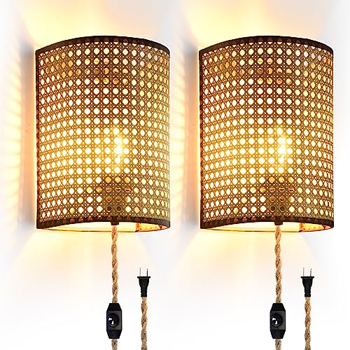 2 Pack Plug-In Rattan Wall Sconces with Dimmer
