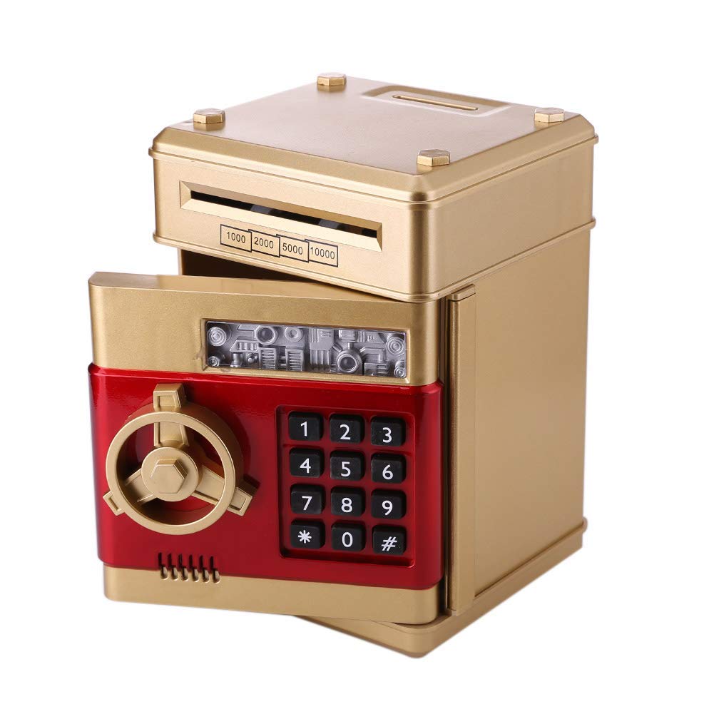 Piggy Bank Cash Coin Can Password Electronic Kids Money Bank Safe Saving Box ATM Bank Safe Locks Smart Voice Prompt Money Piggy Box Great Gift for Any Child (Gold)