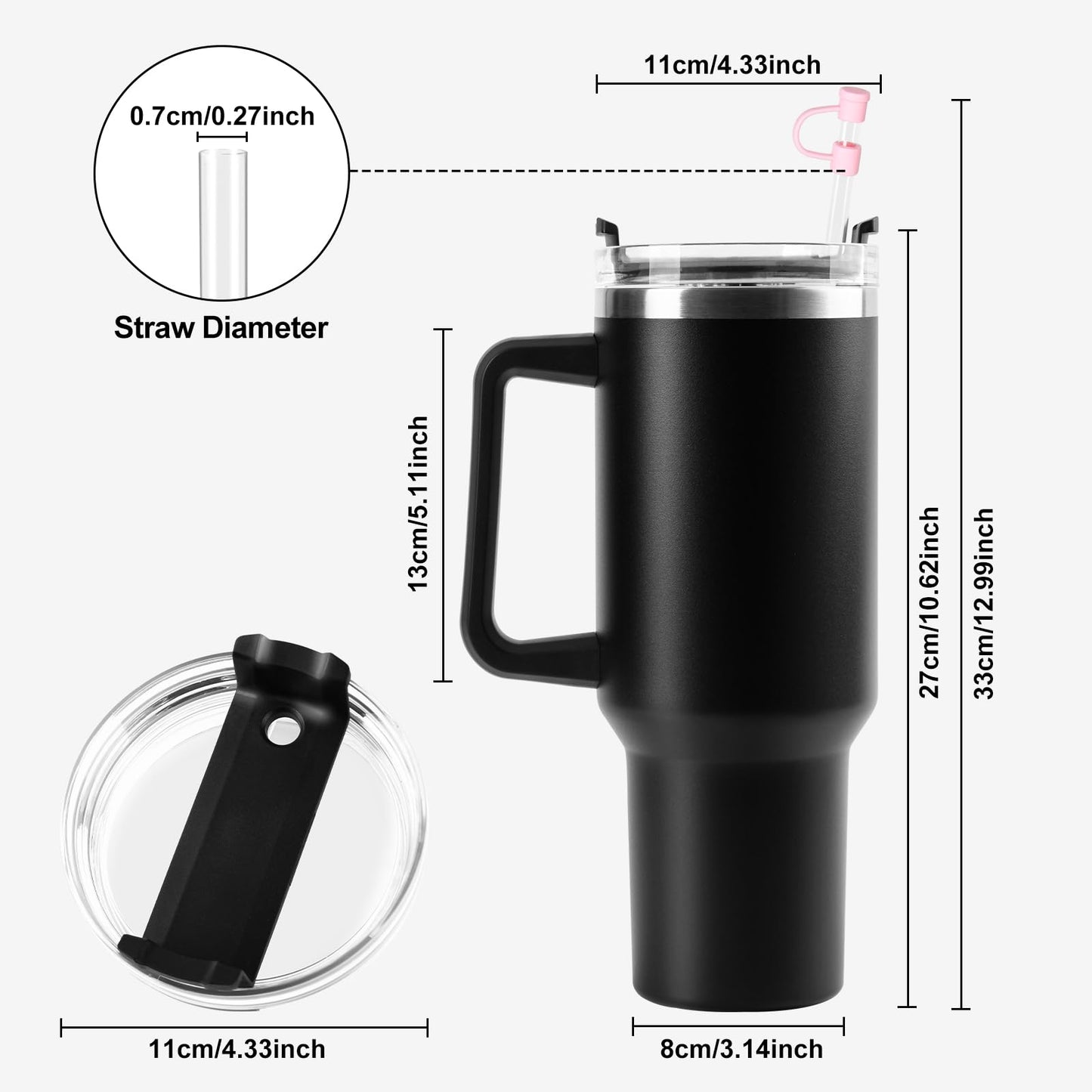 LITHOS Store Premium 40 Oz Insulated Stainless Steel Travel Mug with Handle and Straw - Keeps Beverages Hot or Cold - Bonus Cleaning Brush & Silicone Straw Cover Cap, Sleek Black