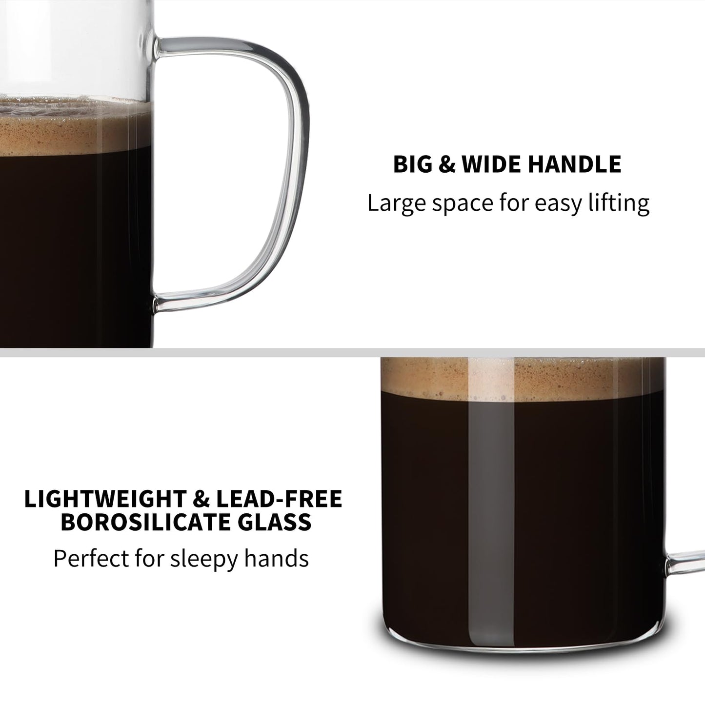 HORLIMER 15 oz Glass Coffee Mugs Set of 6, Clear Coffee Cup with Handle for Tea Cappuccino Latte Milk Juice Hot and Cold Beverages