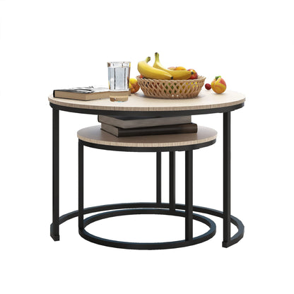 BOFENG Round Nesting Coffee Tables, Set of 2 End Tables for Living Room Balcony Office, Heavy Duty Stacking Side Tables, Premium Wooden Accent Furniture with Solid Metal Frame