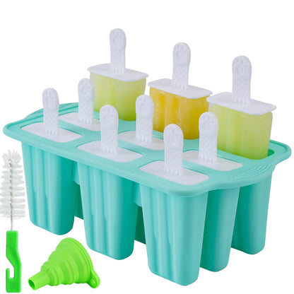 Popsicle Molds, 9 Pieces Silicone Ice Pop Molds Popsicle Mold Silicone BPA Free Reusable Sticks Easy Release Ice Pop Make (Green, 9 CavitIES)