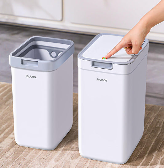 funest Bathroom Trash Can, 2 Pack Small Trash Can, S02 Plastic Waste Basket for Bedroom, Narrow Trash Bin for Home and Office, 3.6 Gal (Press top lid) + 2.4 Gal (Open lid)