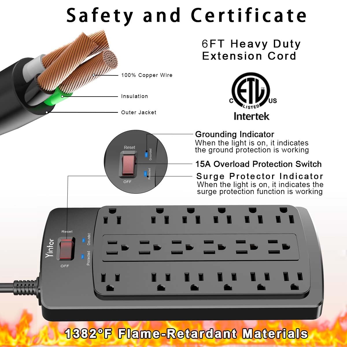 Yintar 6FT Surge Protector Power Strip with 18 Outlets