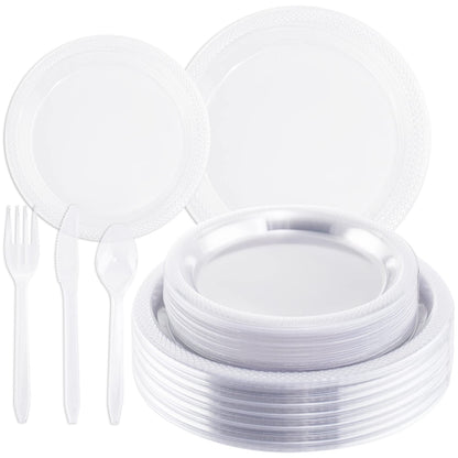 LUODA MirthMood 250Pcs Clear Disposable Plates, Clear Dinnerware Set for Party including 50pcs 9inch Dinner Plates, 50pcs 7inch Salad Plates and 50 Sets of Clear Plastic Silverware