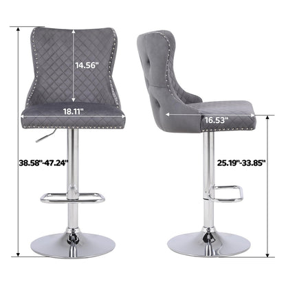 Chummaven Velvet Adjustable Bar Stools Set of 2, Counter Height Swivel Barstools with Chrome Base Footrest, Modern Upholstered Bar Chairs with Boutton Tufed High-Back for Kitchen,Dark Grey