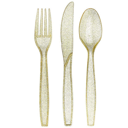 Prestee 180 Gold Plastic Silverware Cutlery Set, Glitter Gold Utensils, Plastic Cutlery Set, Disposable Silverware Flatware Set, 60 Gold Forks, 60 Gold Spoons, 60 Gold Knives, Fancy Party Utensils