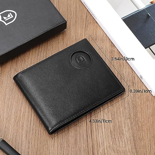 LAKIPETN AirTag Wallet - Bifold Genuine Leather RFID Blocking Men's Wallets With Air Tag Holder Compatible with Apple Air Tag,ID Windows,2 Bill Divider,11 Cards Holders, with Gift Box (Classic Black)