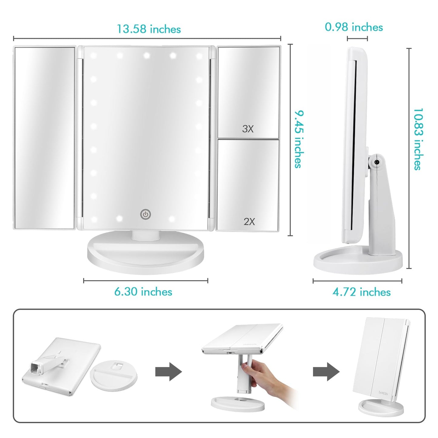 Tri-Fold LED Vanity Mirror with Touch Screen