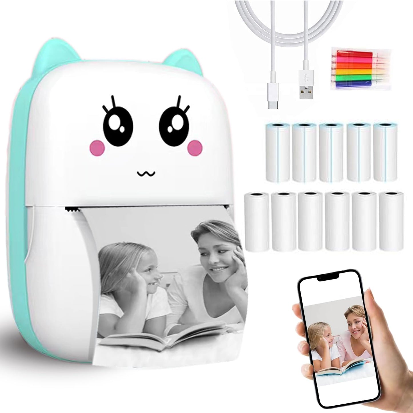Mini Pocket Printer with 11 rolls of paper, portable thermal printer, Bluetooth portable printer, for learning notes, photos, DIY, travel, iOS iPhone and Android, Children's birthday gifts (Blue)