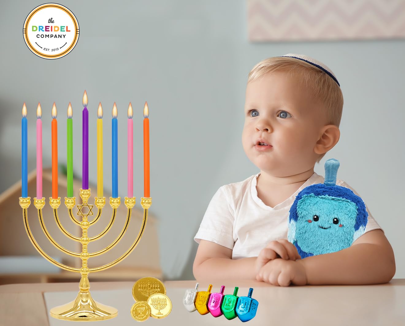 The Dreidel Company Menorah with Traditional Star Antique Gold Finish, Full Size 7" Inch