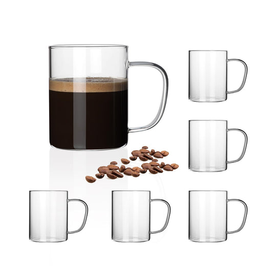 HORLIMER 15 oz Glass Coffee Mugs Set of 6, Clear Coffee Cup with Handle for Tea Cappuccino Latte Milk Juice Hot and Cold Beverages