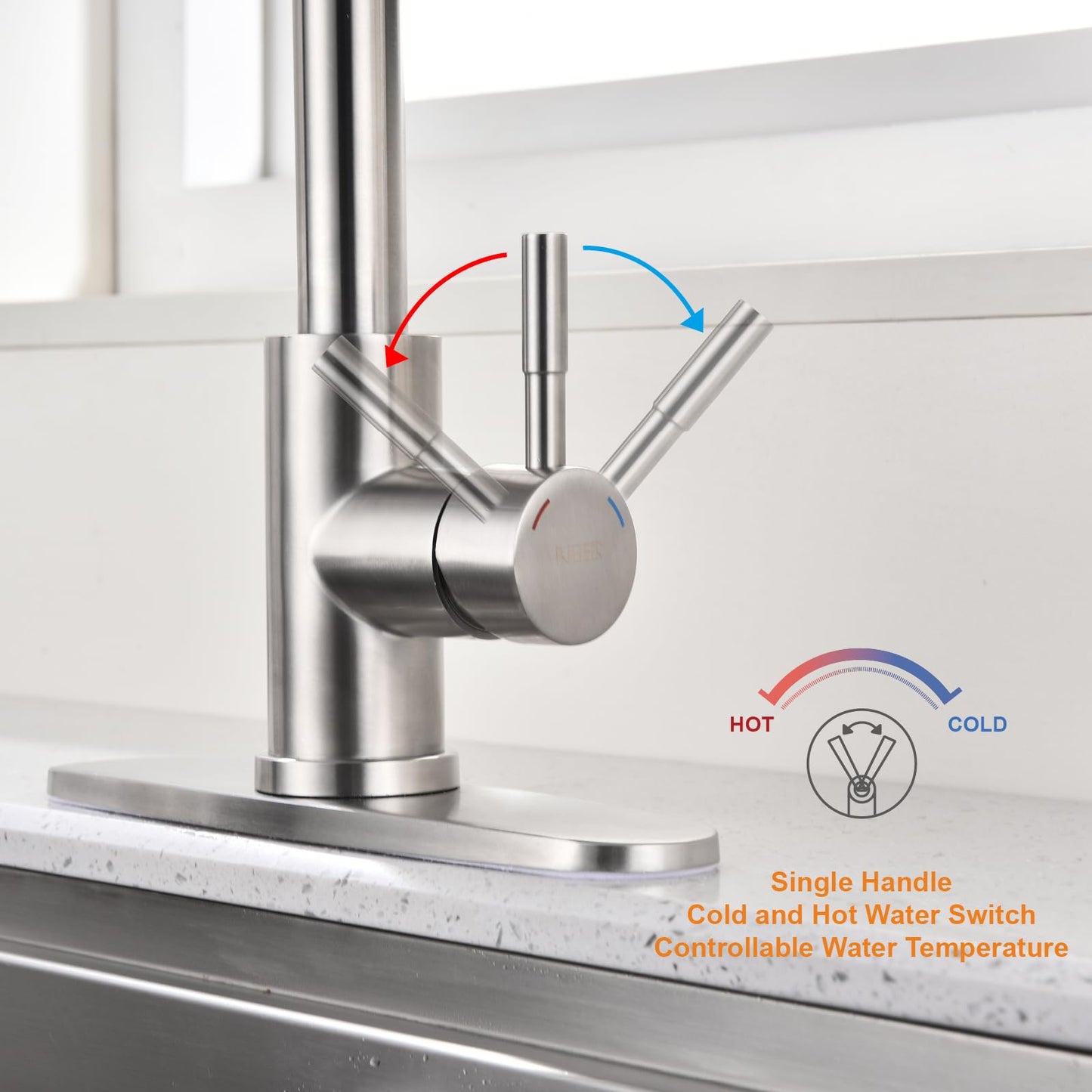 KEER Waterfall Kitchen Faucet with Pull Down Shower, Single Handle and 360° Swivel Stainless Steel Single Hole Kitchen Sink Faucet, Brushed Nickel